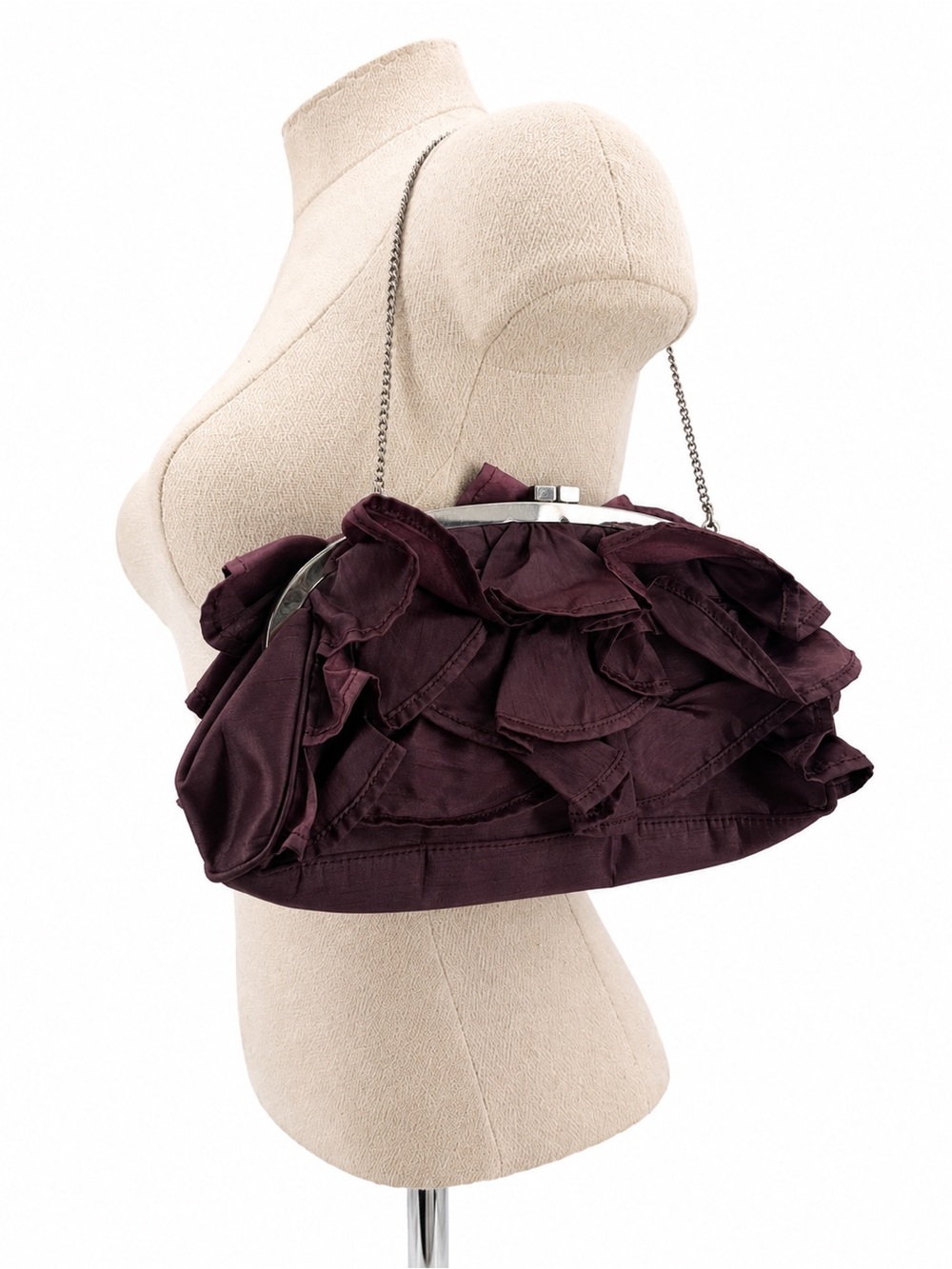 BCBGirls Purple Ruffle Clutch Purse Chain Strap Evening Bag Y2k Style